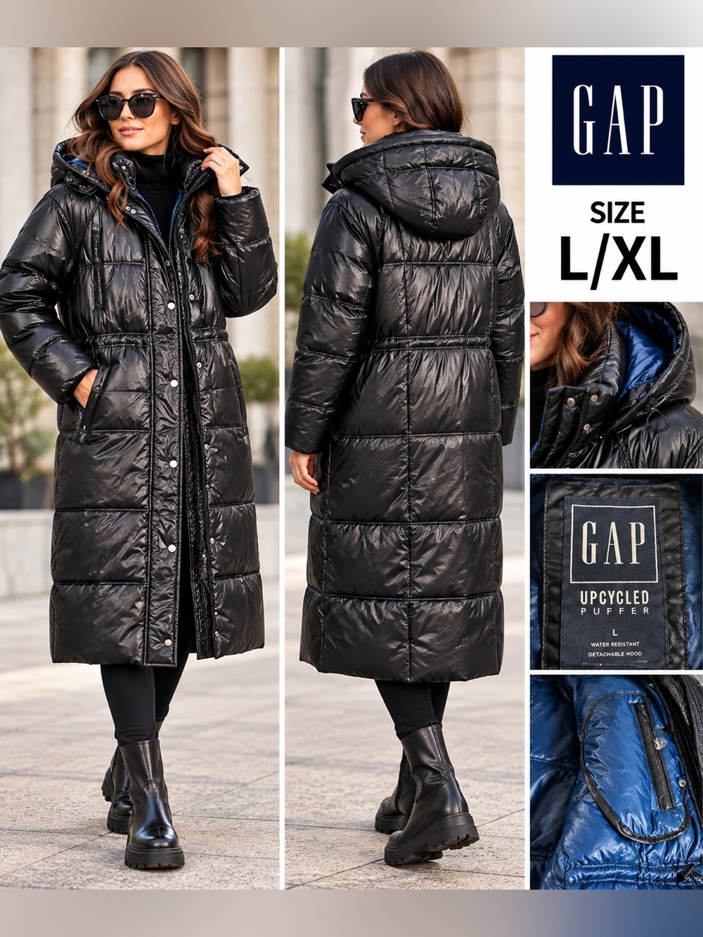 GAP L/XL Black Upcycled Long Puffer Coat with Hood